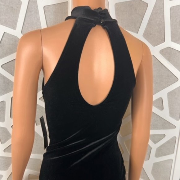 Black Mini Dress High Neck Sleeveless Velvet Like Bodycon - Picture 6 of 8